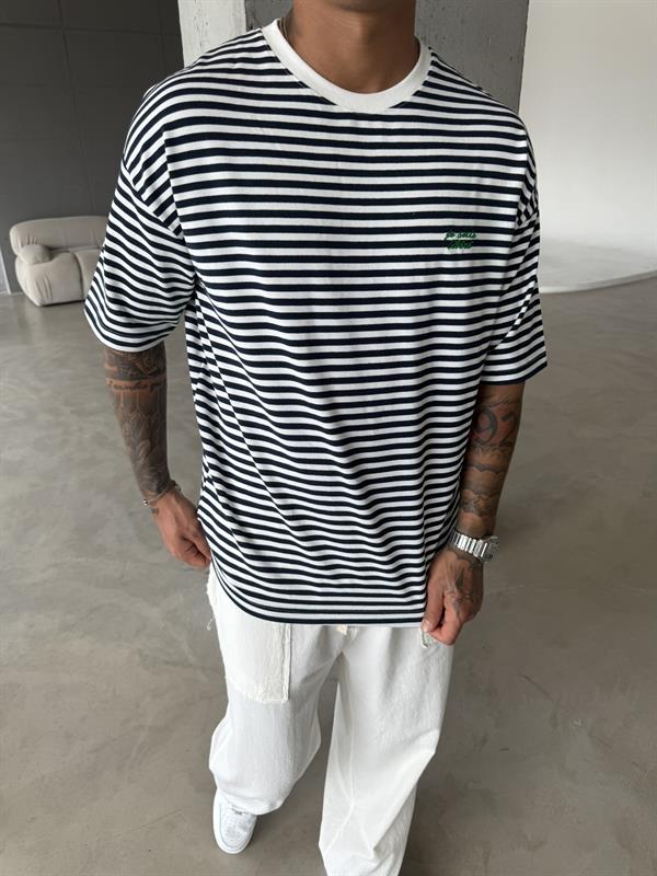 Erkek Oversize Cizgili Rahat T-Shirt - Mavi