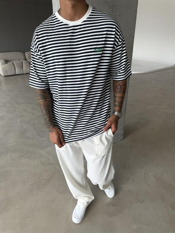 Erkek Oversize Cizgili Rahat T-Shirt - Mavi