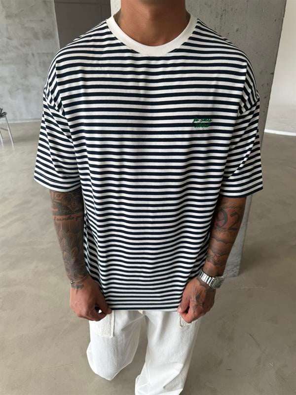 Erkek Oversize Cizgili Rahat T-Shirt - Mavi