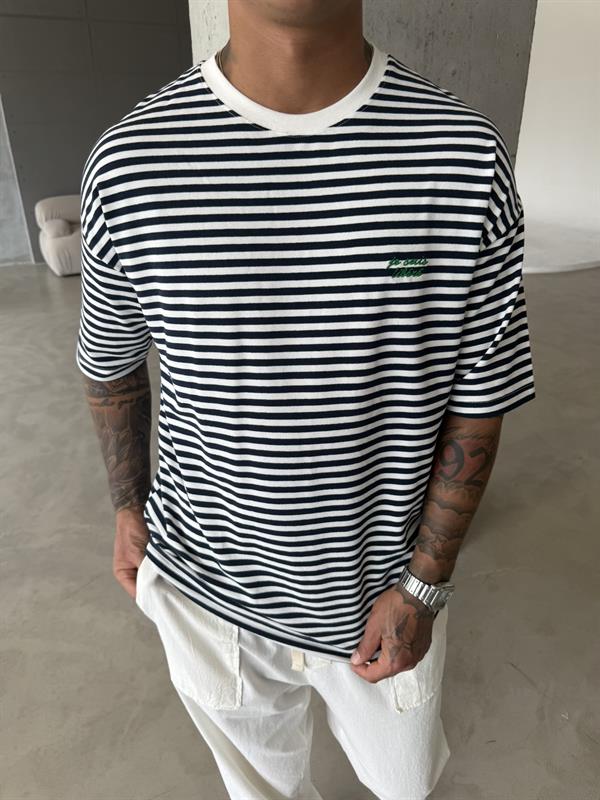 Erkek Oversize Cizgili Rahat T-Shirt - Mavi