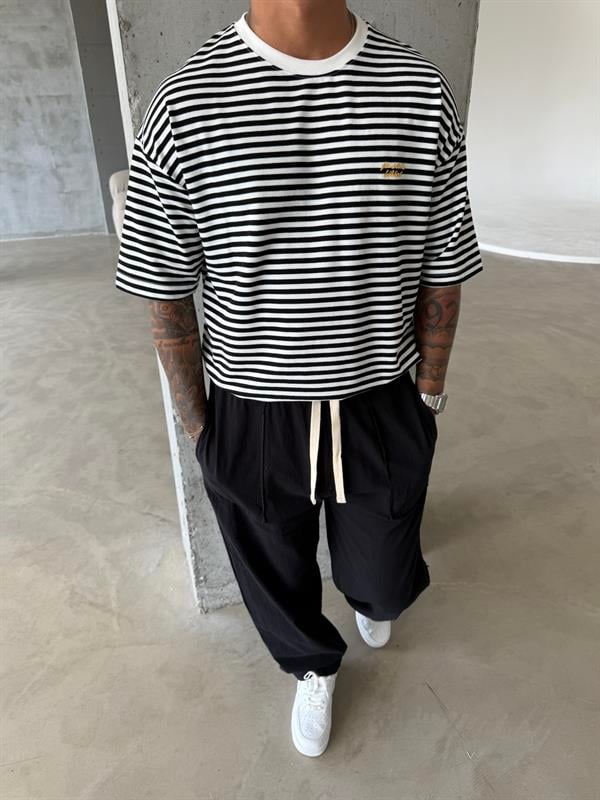 Erkek Oversize Cizgili Rahat T-Shirt - Siyah