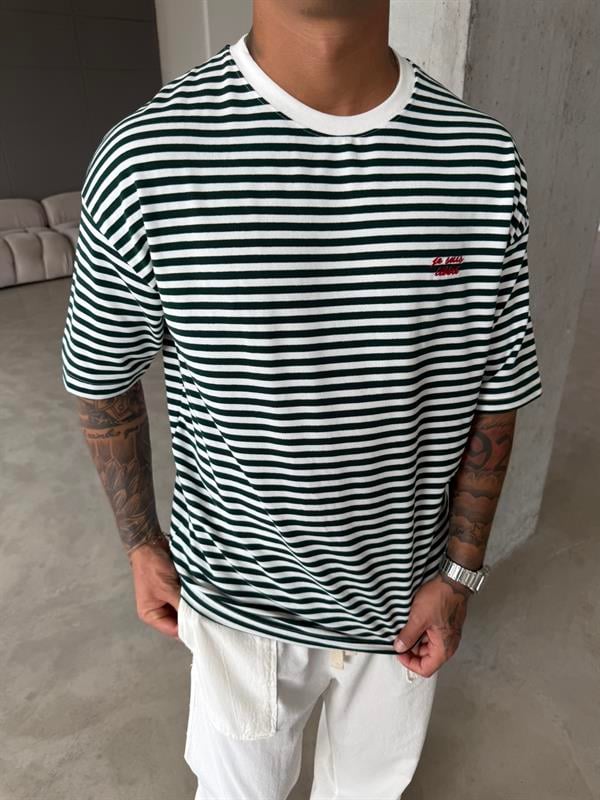 Erkek Oversize Cizgili Rahat T-Shirt - Yeşil