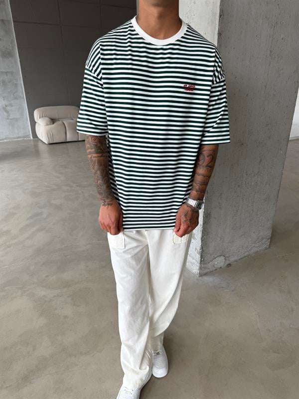 Erkek Oversize Cizgili Rahat T-Shirt - Yeşil