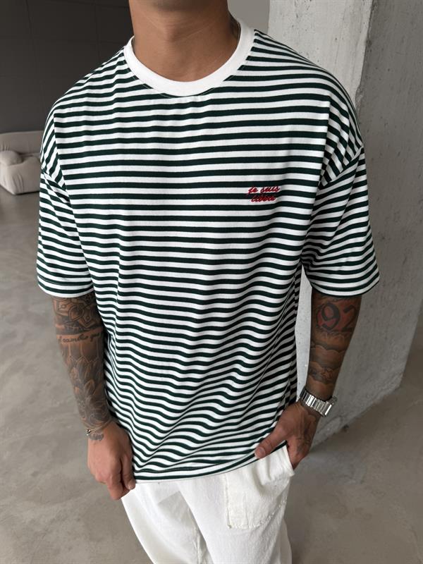 Erkek Oversize Cizgili Rahat T-Shirt - Yeşil