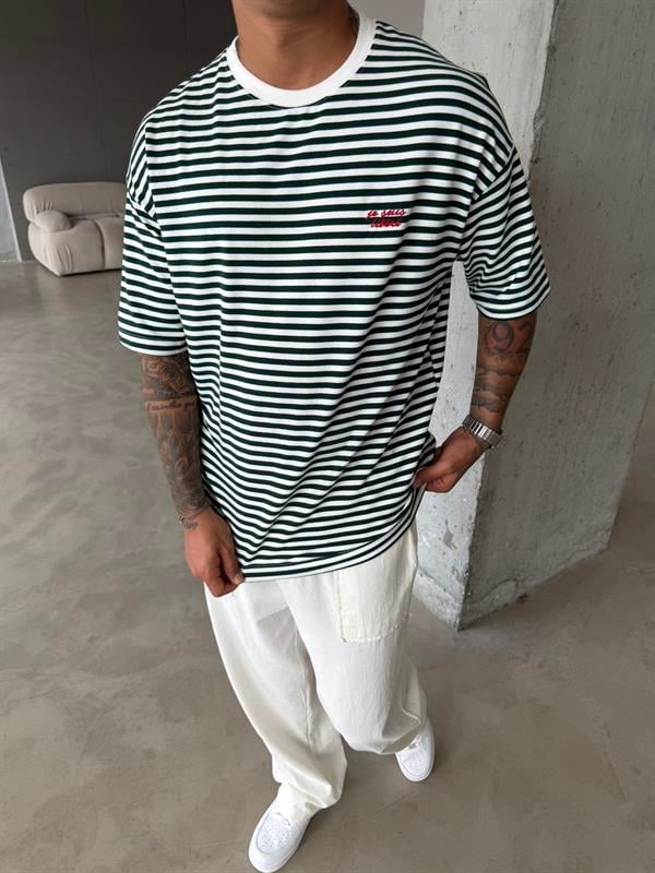 Erkek Oversize Cizgili Rahat T-Shirt - Yeşil