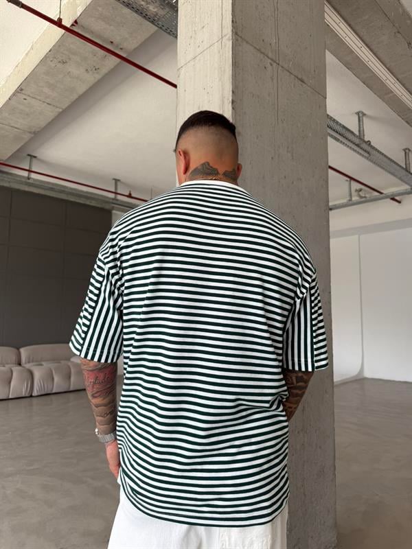 Erkek Oversize Cizgili Rahat T-Shirt - Yeşil