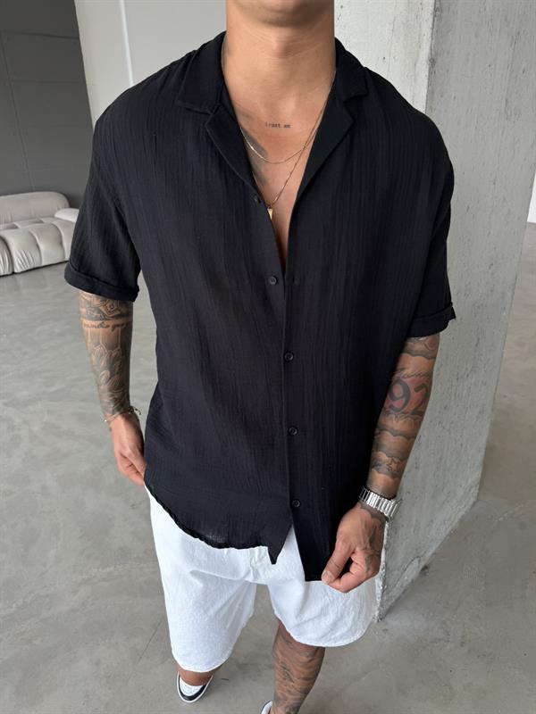 Erkek Oversize Fit Kısa Kollu Müslin Gömlek - Siyah