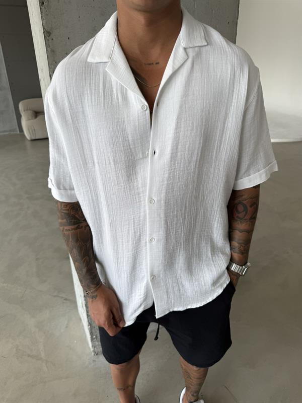 Erkek Oversize Fit Kısa Kollu Müslin Gömlek - Beyaz
