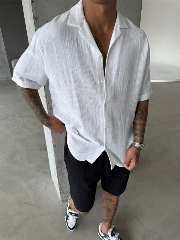 Erkek Oversize Fit Kısa Kollu Müslin Gömlek - Beyaz