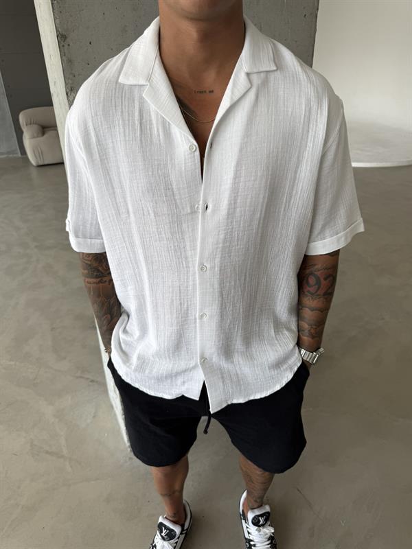 Erkek Oversize Fit Kısa Kollu Müslin Gömlek - Beyaz