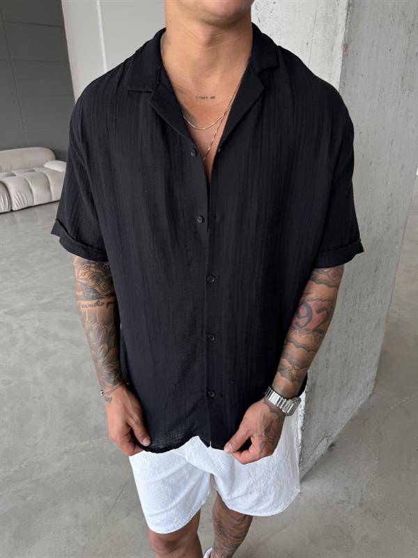 Erkek Oversize Fit Kısa Kollu Müslin Gömlek - Siyah