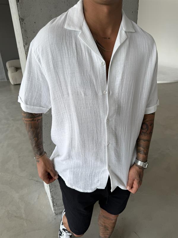 Erkek Oversize Fit Kısa Kollu Müslin Gömlek - Beyaz