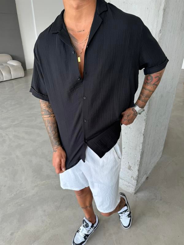 Erkek Oversize Fit Kısa Kollu Müslin Gömlek - Siyah