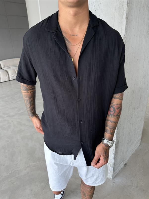 Erkek Oversize Fit Kısa Kollu Müslin Gömlek - Siyah