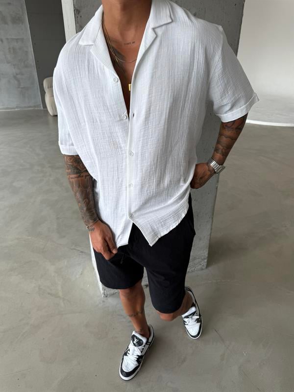 Erkek Oversize Fit Kısa Kollu Müslin Gömlek - Beyaz