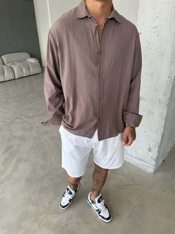 Erkek Oversize Fit Uzun Kollu Müslin Gömlek - Kahve