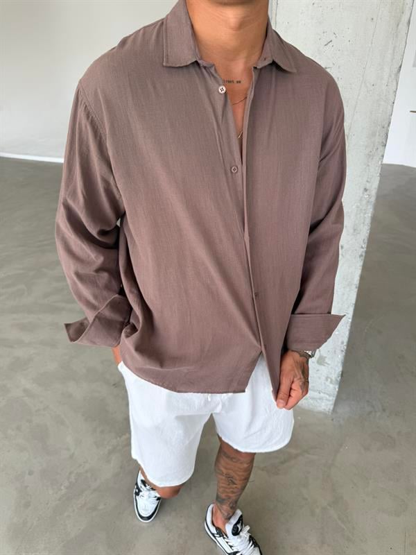 Erkek Oversize Fit Uzun Kollu Müslin Gömlek - Kahve