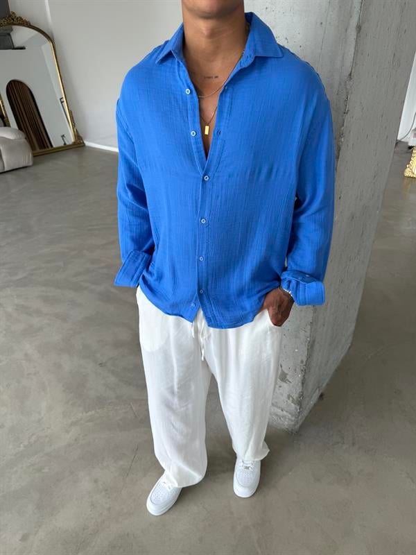 Erkek Oversize Fit Uzun Kollu Müslin Gömlek - Mavi