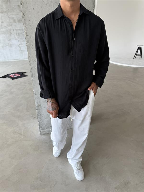 Erkek Oversize Fit Uzun Kollu Müslin Gömlek - Siyah