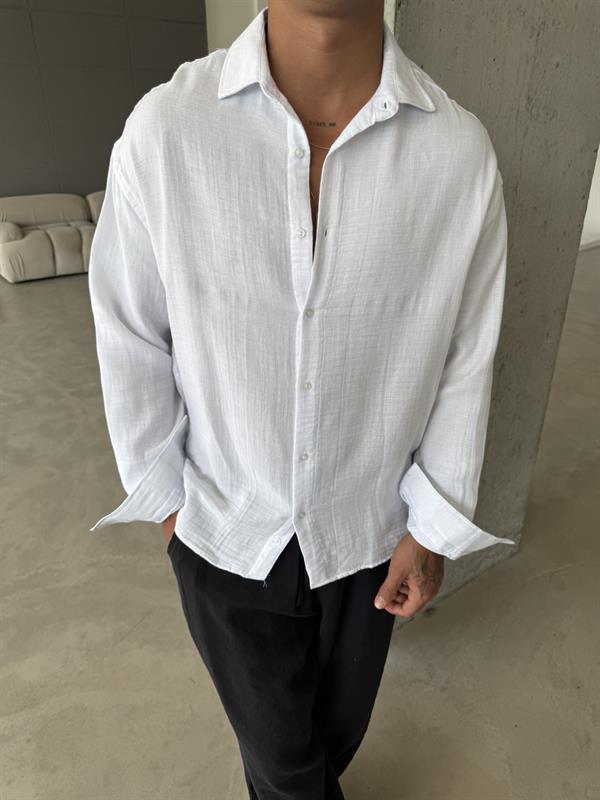Erkek Oversize Fit Uzun Kollu Müslin Gömlek - Beyaz