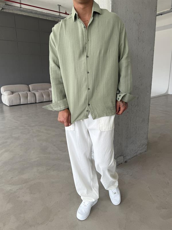 Erkek Oversize Fit Uzun Kollu Müslin Gömlek - Haki