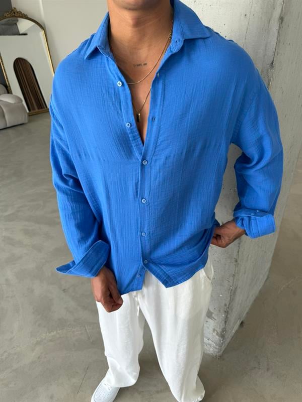 Erkek Oversize Fit Uzun Kollu Müslin Gömlek - Mavi