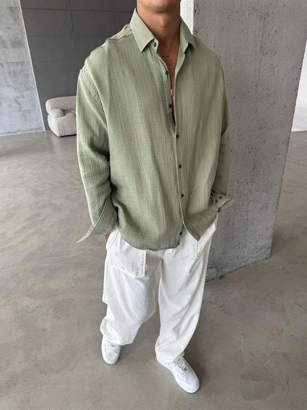 Erkek Oversize Fit Uzun Kollu Müslin Gömlek - Haki
