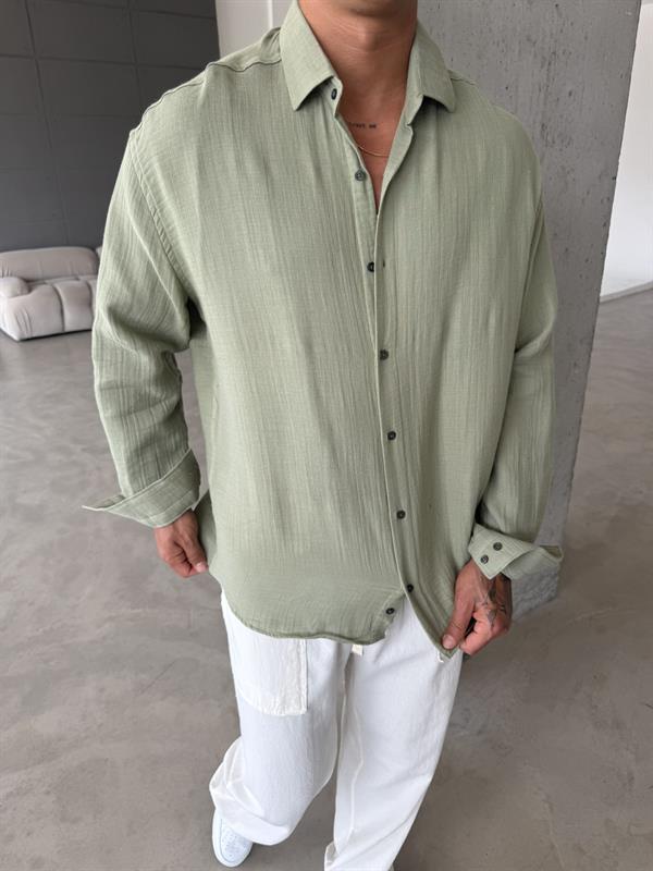 Erkek Oversize Fit Uzun Kollu Müslin Gömlek - Haki