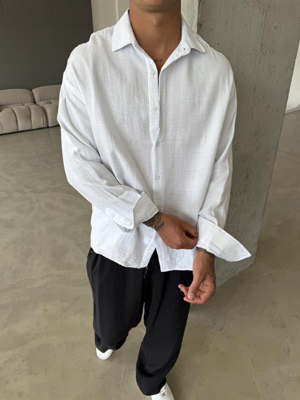 Erkek Oversize Fit Uzun Kollu Müslin Gömlek - Beyaz