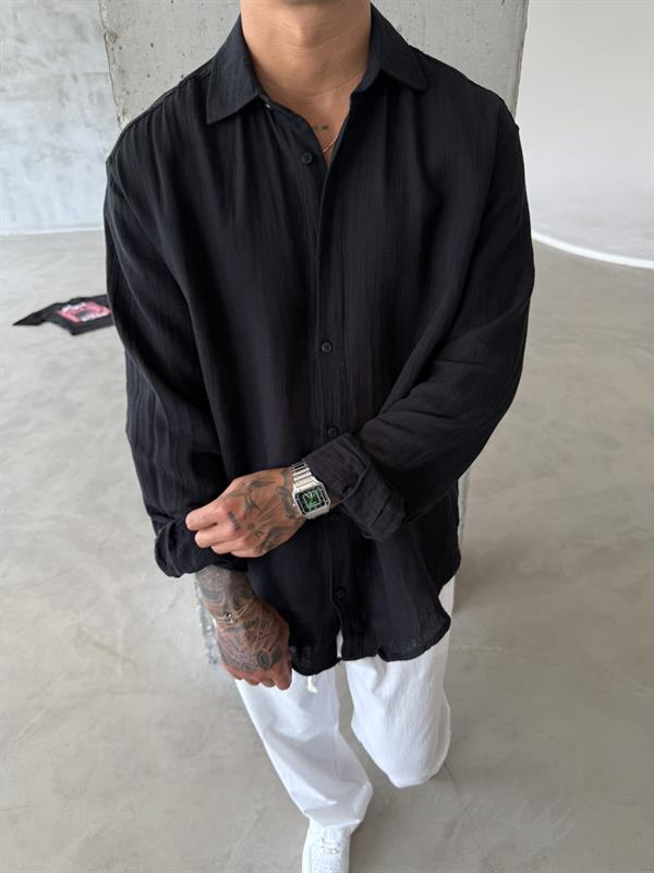 Erkek Oversize Fit Uzun Kollu Müslin Gömlek - Siyah