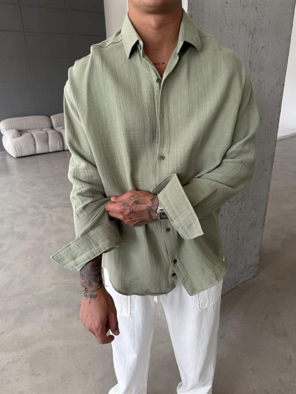 Erkek Oversize Fit Uzun Kollu Müslin Gömlek - Haki