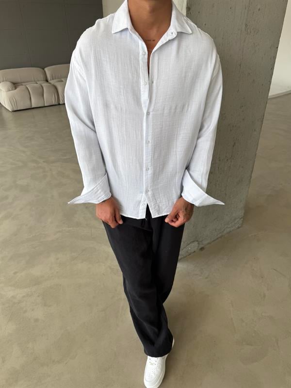 Erkek Oversize Fit Uzun Kollu Müslin Gömlek - Beyaz