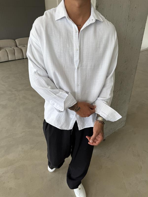 Erkek Oversize Fit Uzun Kollu Müslin Gömlek - Beyaz