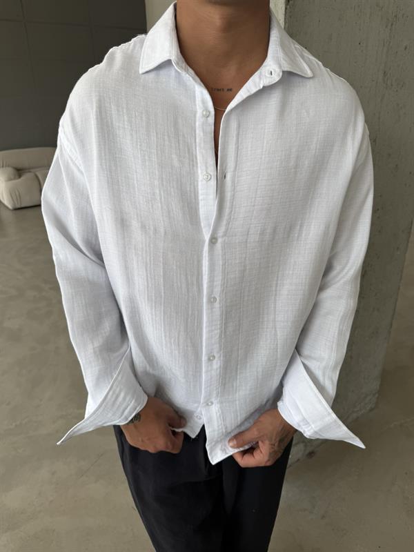 Erkek Oversize Fit Uzun Kollu Müslin Gömlek - Beyaz