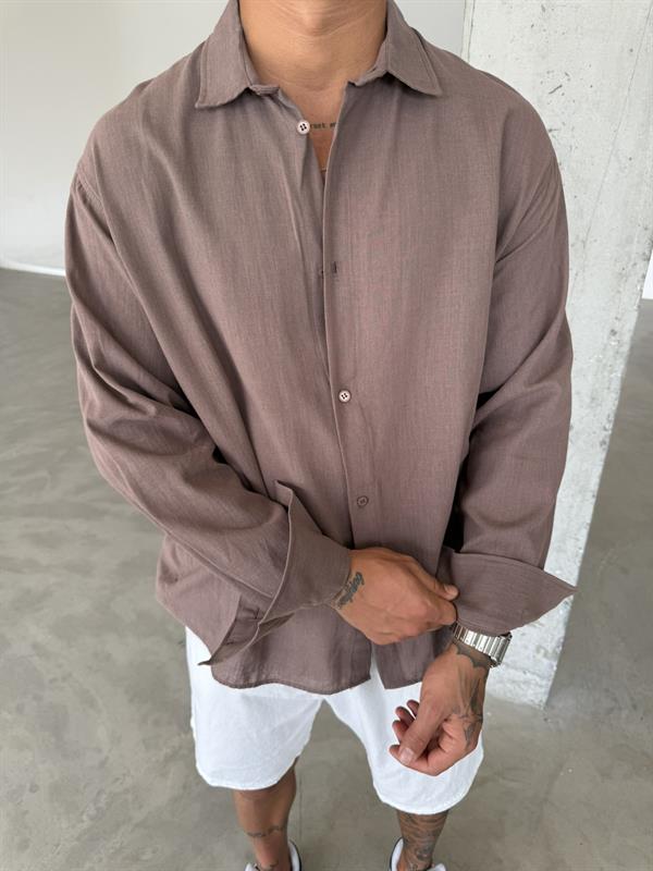Erkek Oversize Fit Uzun Kollu Müslin Gömlek - Kahve