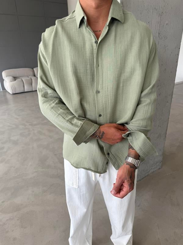 Erkek Oversize Fit Uzun Kollu Müslin Gömlek - Haki