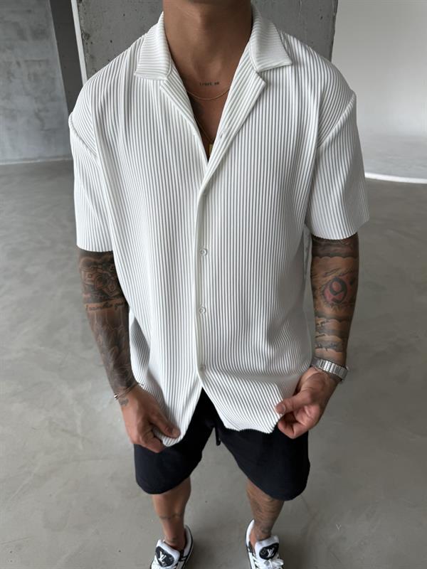 Erkek Oversize Fitilli Apaş Yaka Gömlek - Beyaz