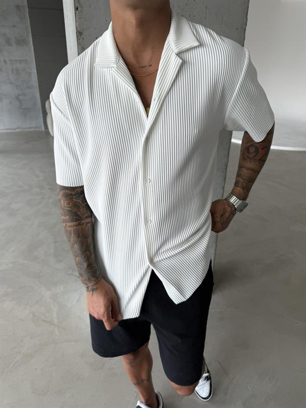 Erkek Oversize Fitilli Apaş Yaka Gömlek - Beyaz