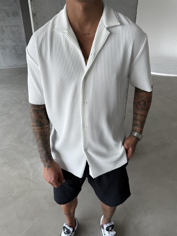 Erkek Oversize Fitilli Apaş Yaka Gömlek - Beyaz