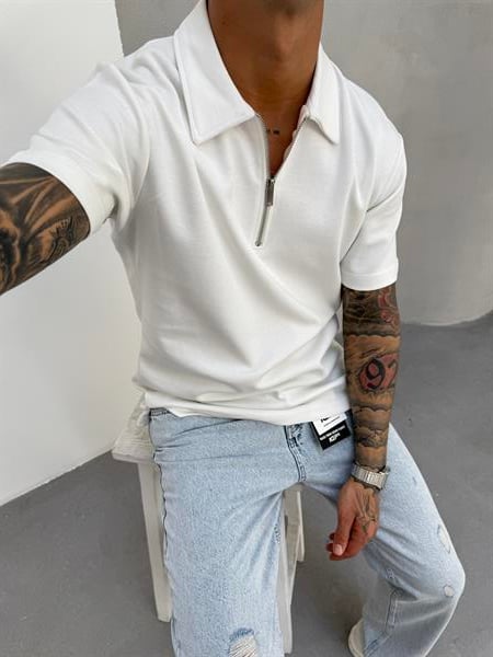 Erkek Polo Yaka Basic Fermuarlı T-Shirt - Beyaz