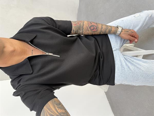 Erkek Polo Yaka Basic Fermuarlı T-Shirt - Siyah