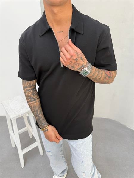 Erkek Polo Yaka Basic Fermuarlı T-Shirt - Siyah