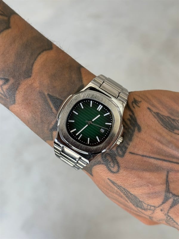 Erkek Silver Dawn Çelik Tasarım Saat - Zümrüt