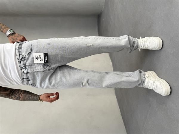 Erkek Yırtık Detaylı Baggy Fit Pantolon - Gri