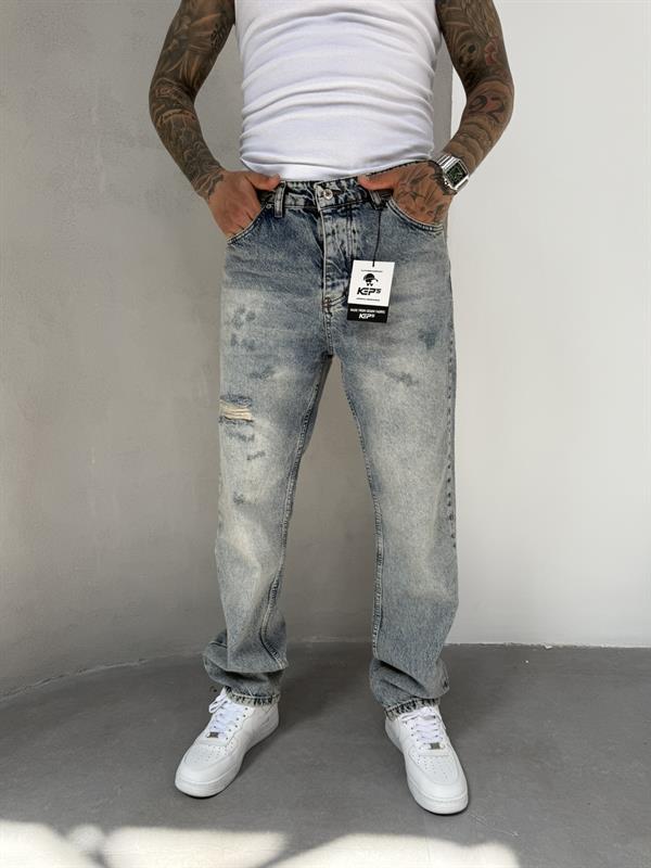 Erkek Yırtık Detaylı Baggy Pantolon - Mavi