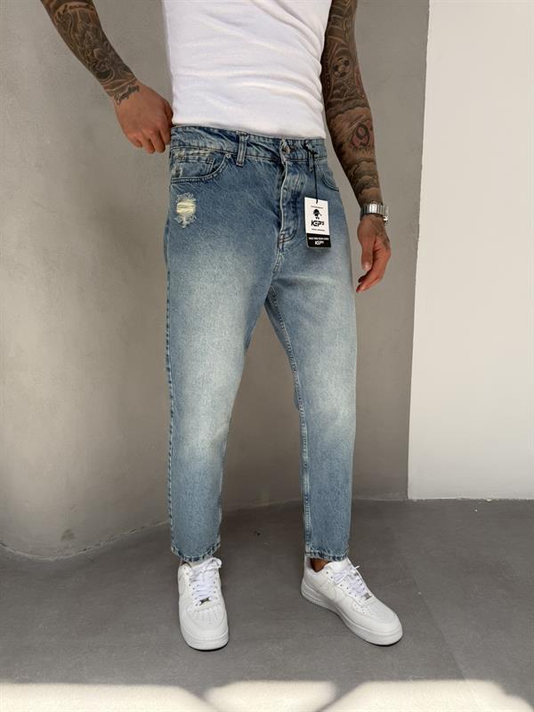 Erkek Yırtık Detaylı Boyfriend Pantolon - Mavi