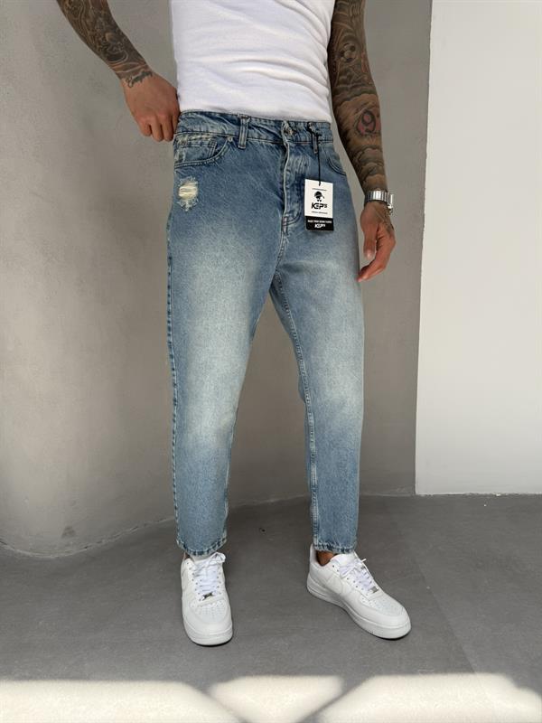 Erkek Yırtık Detaylı Boyfriend Pantolon - Mavi