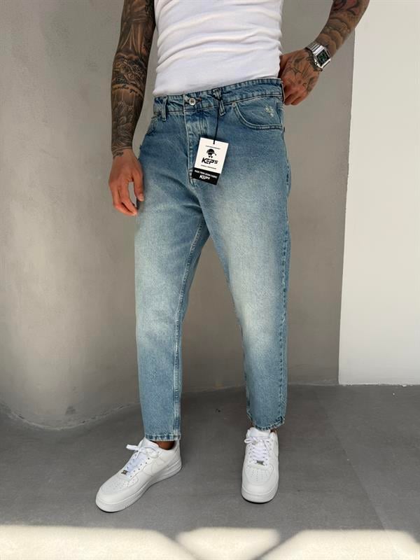 Erkek Yırtık Detaylı Boyfriend Pantolon - Mavi