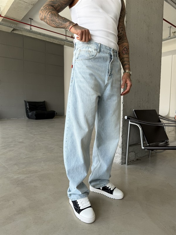 Eskitme Basic Relax Fit Baggy Pantolon - Mavi