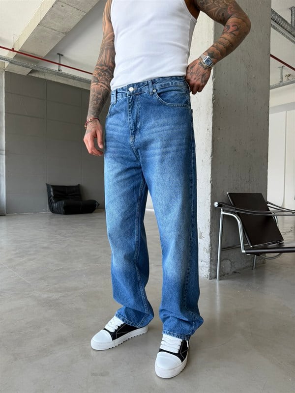 Eskitme Basic Relax Fit Baggy Pantolon - Koyu Mavi